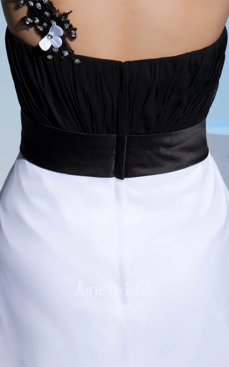 Black-And-White Floor-Length One-Shoulder Appliqued Waist and Dress With Ruching