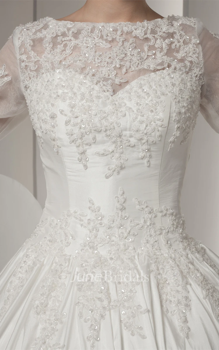 Bateau-Neck Long-Sleeve Ball Gown with Lace and Beading