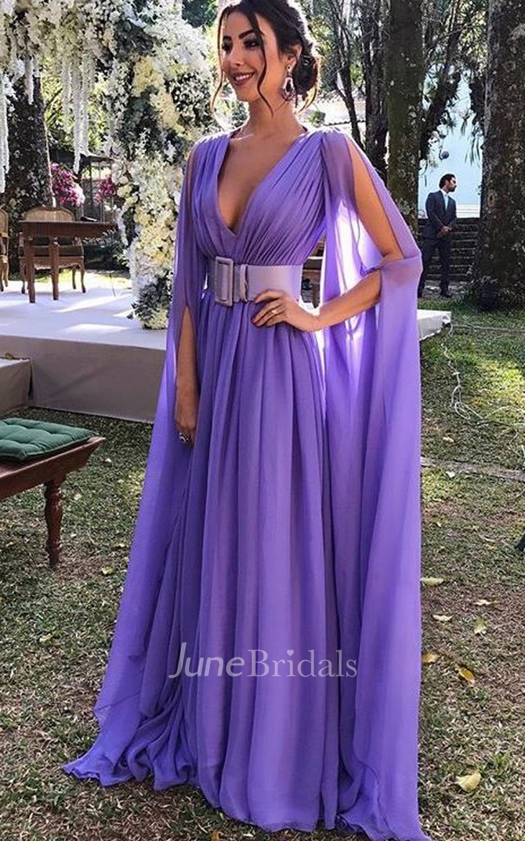 June Bridals Ethereal Floor-Length Train Long Sleeve Chiffon A Line Evening Dress with Sash - Lilac/Grape/Magenta Ethereal Floor-length Train Long Sleeve Chiffon A Line Evening Dress with  Sash - June Bridals
