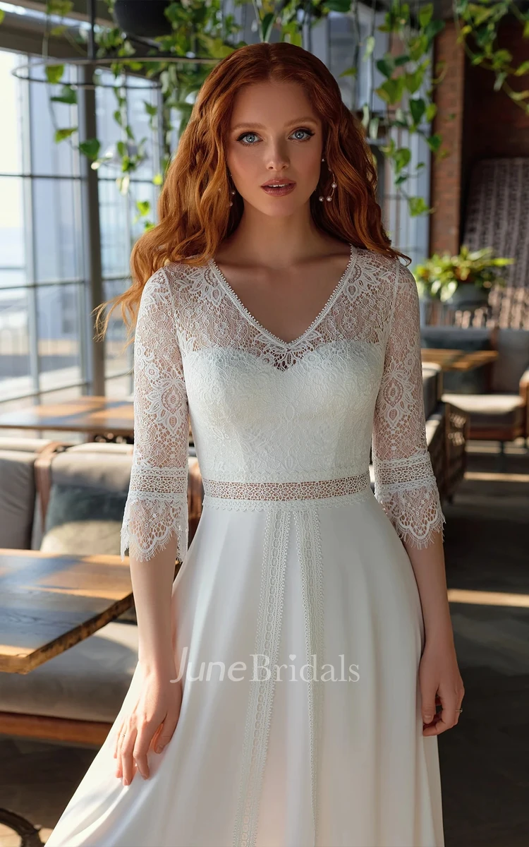 Modern A Line V-neck Lace Court Train Wedding Dress with Appliques