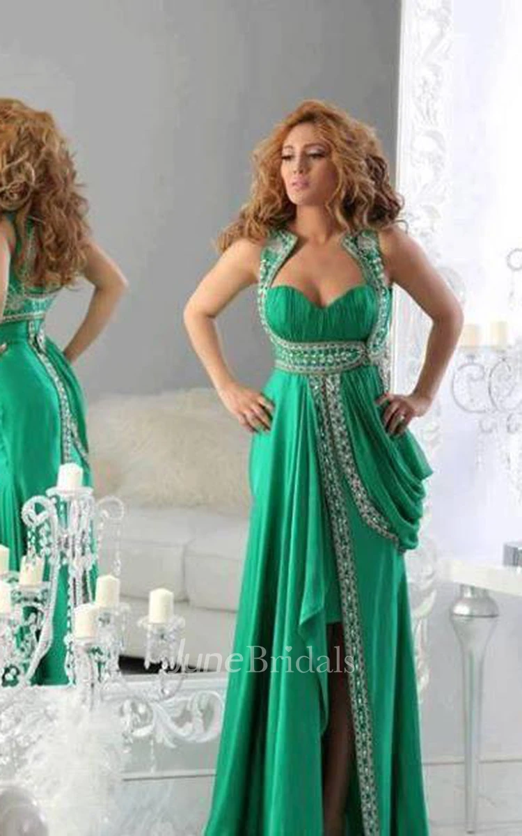 Newest Mint Green A-line Arabic Evening Dress Appliques Front Split