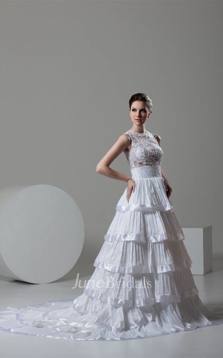 Sleeveless Tiered A-Line Gown with Appliques and Illusion Top