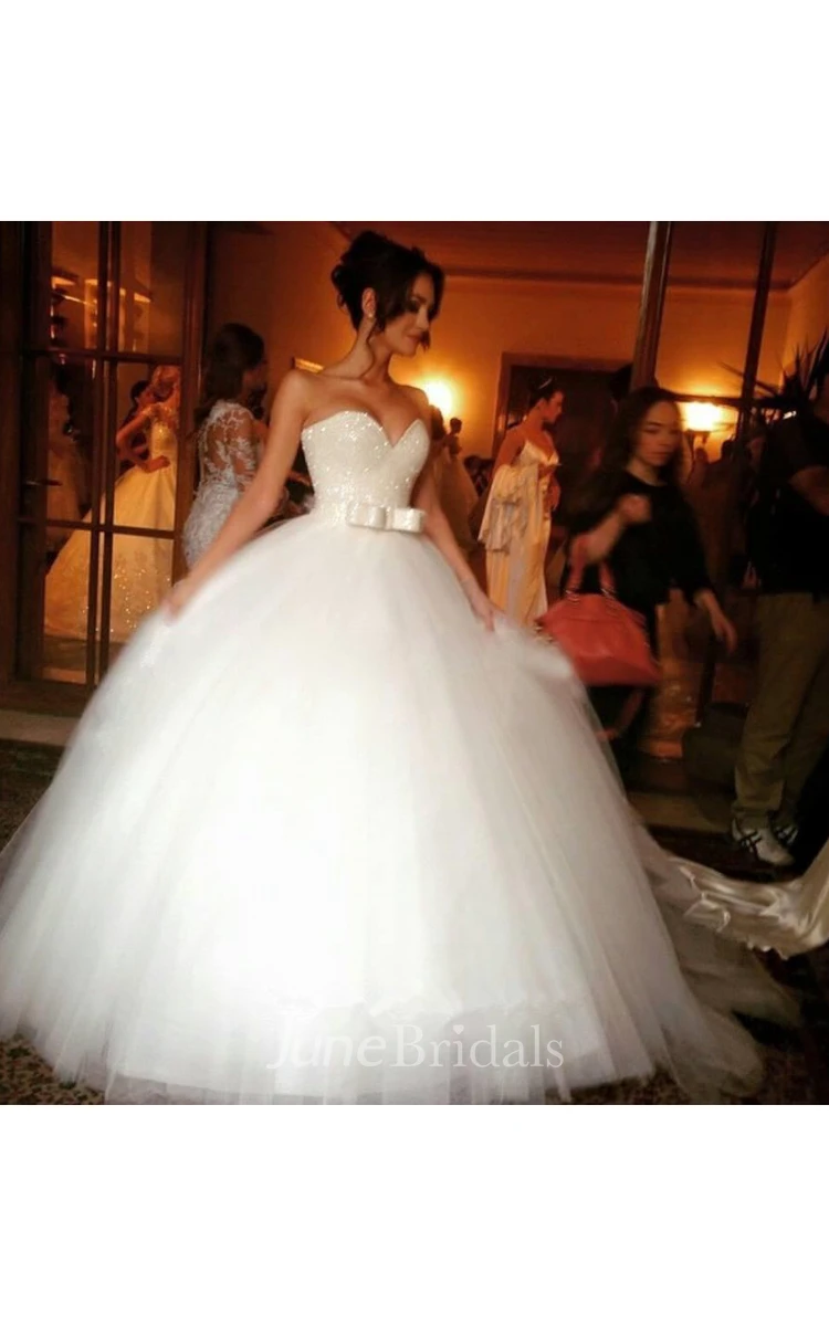 Sexy V-neck Tulle Sequins Wedding Dress Ball Gown Bowknot