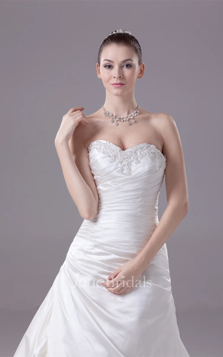 Sweetheart A-Line Beaded Ruched Satin Gown with Beadings and Ruffles