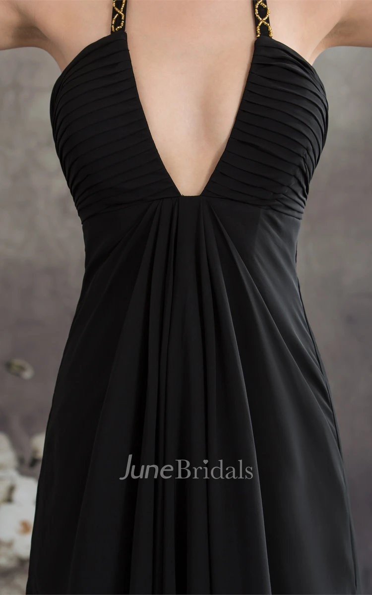 Sexy Sleeveless Deep-V-Neck Ruched A-Line Dress with Zipper Back