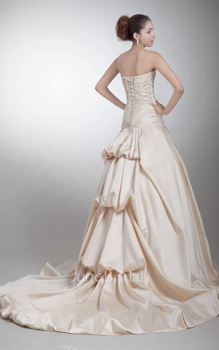 strapless ball jeweled gown with court train and ruched bodice