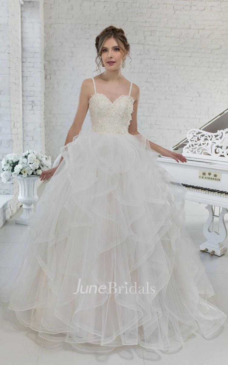 Tulle Ball Gown Ruffled Spaghetti-Strap Wedding Dress With Appliques