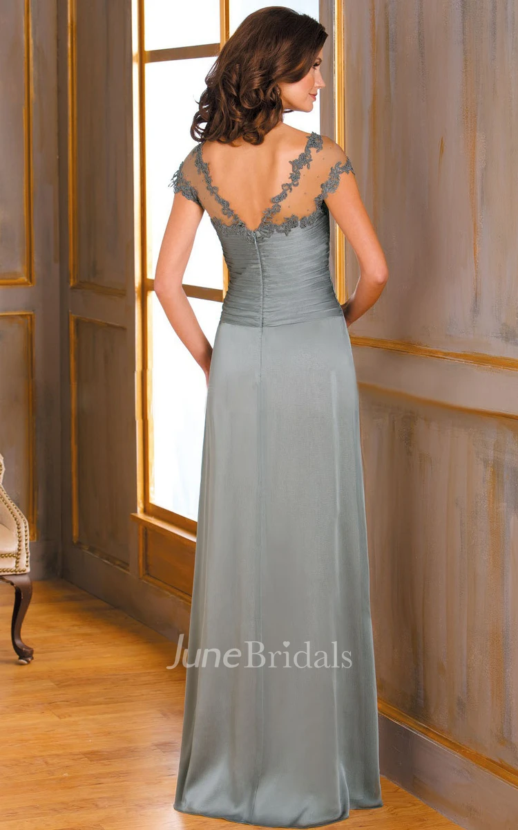 Ruffled Illusion Appliqued Neckline Long Cap-Sleeved Mother Of The Bride