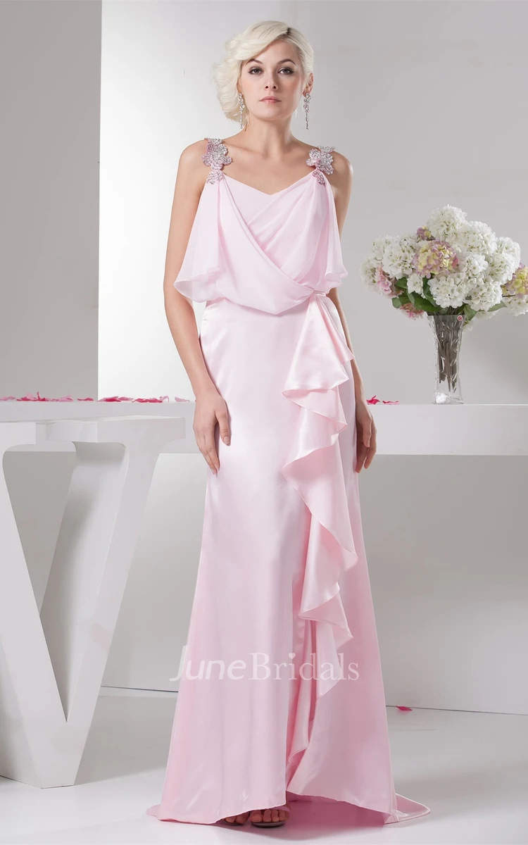 Vibrant Chiffon Floor-Length Dress with Draping and Beaded Straps