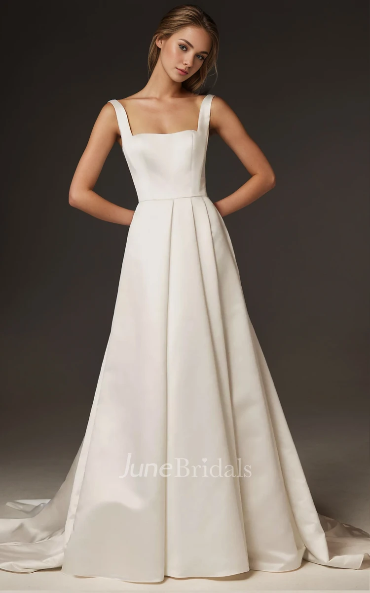 Simple A-Line Satin Wedding Dress Vintage Elegant Square Neck Sleeveless Pleats Backless Bridal Gown with Train