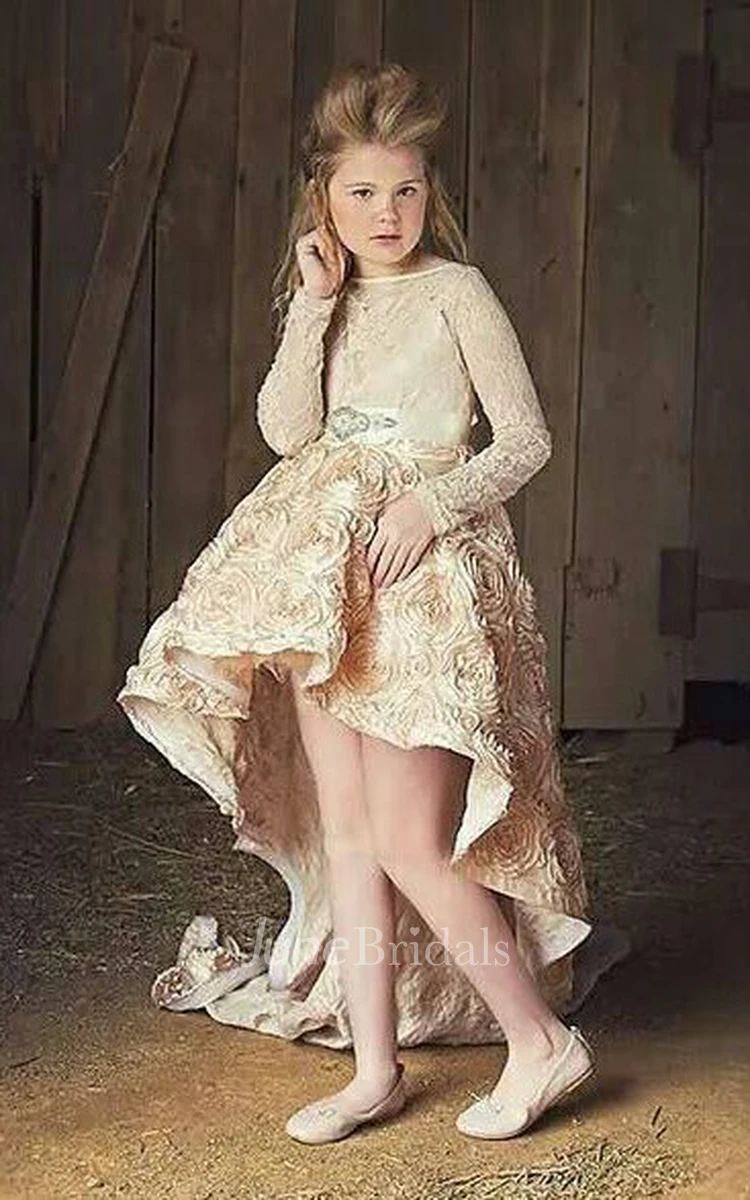 High-low Long Sleeve Lace Dress With Flower