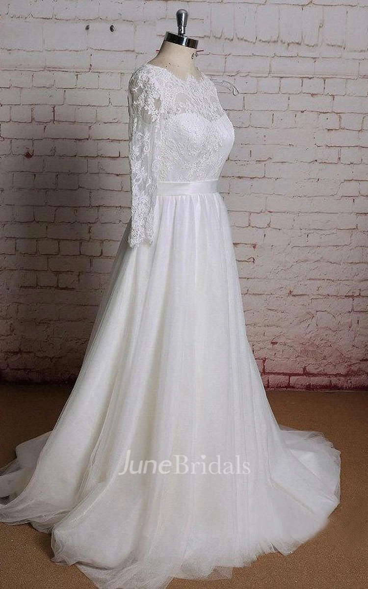 Bateau Neck Long Sheer Sleeve Wedding Dress With Simple Tulle Skirt