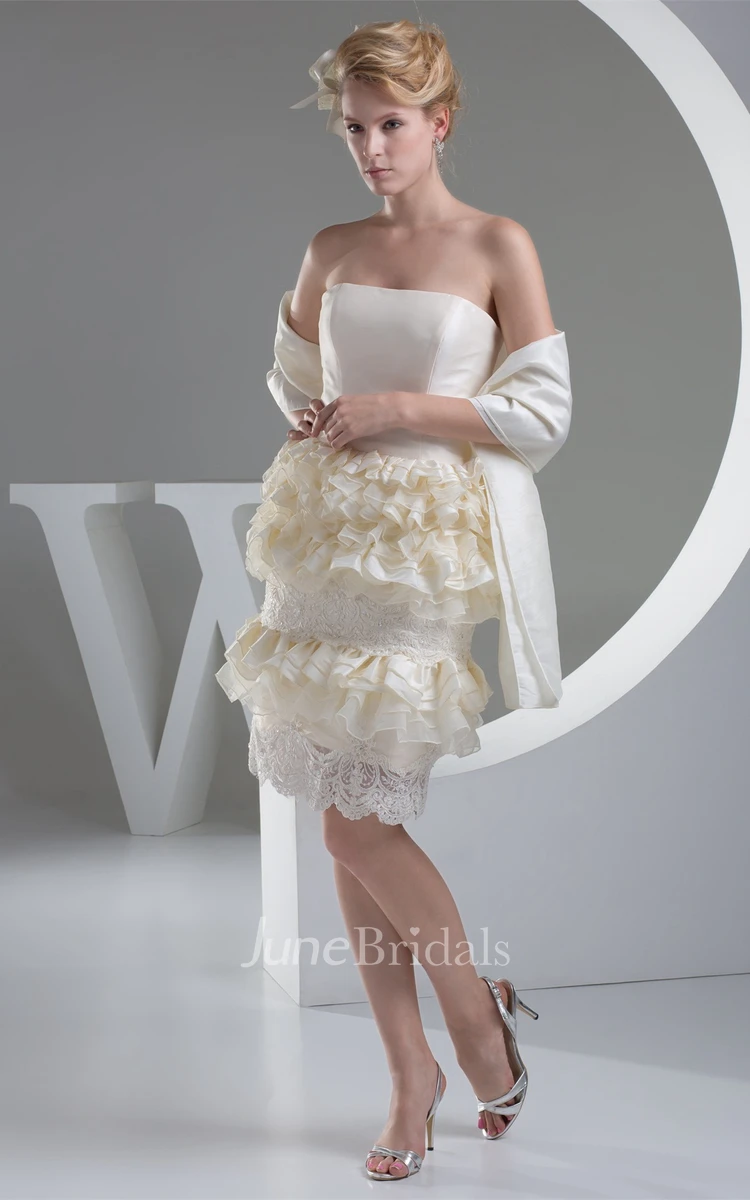 Strapless Tiered Knee-Length Dress with Appliques and Flower