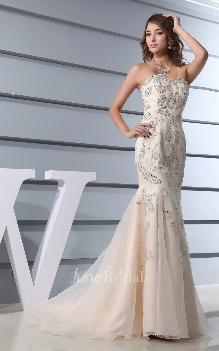 Strapless Notched Mermaid Tulle Dress with Beading and Pleats