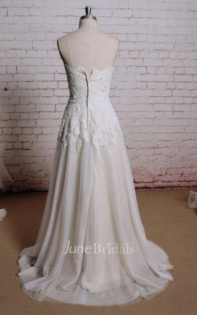 Sweetheart Lace Bridal Gown With Champagne Underlay and Pleats