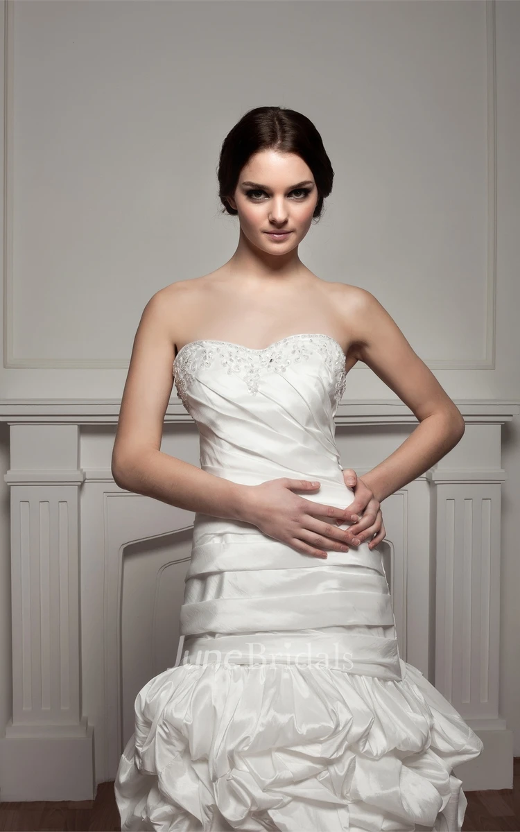 Strapless Ruched Pick-Up Gown with Pleats and Beading