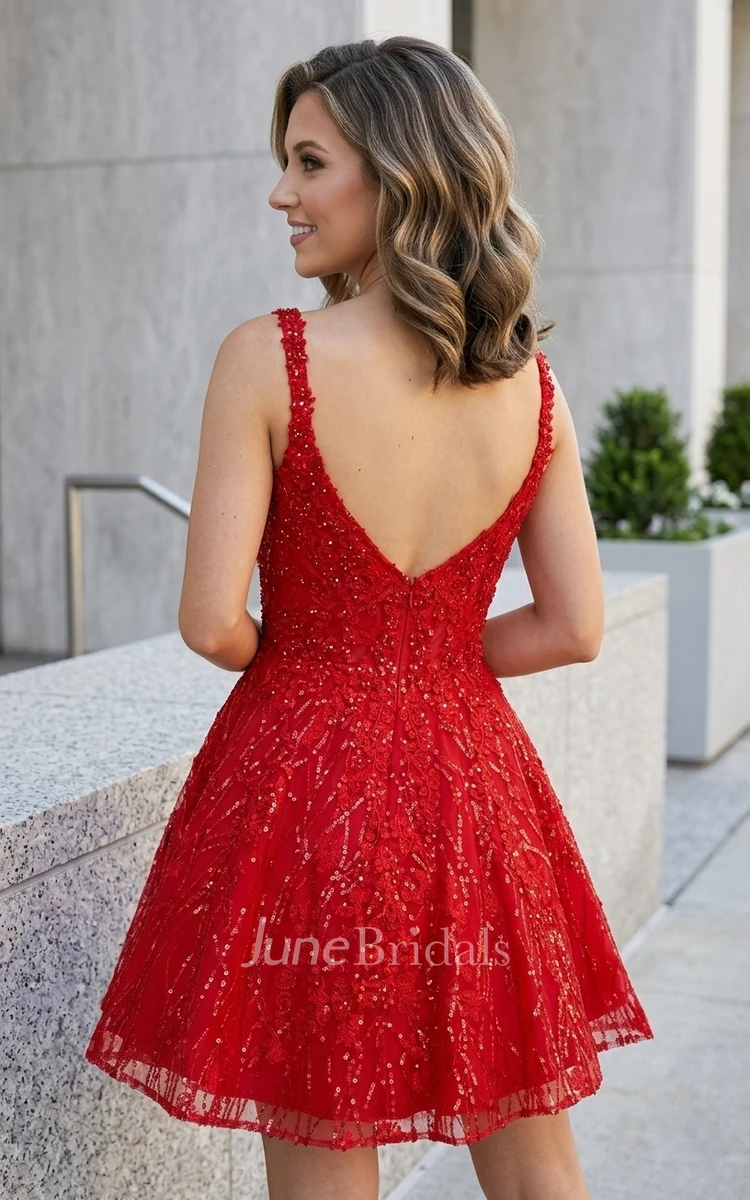 Unique Shiny Red Sequins A-Line Short Dress for Homecoming Mini Modest Flattering Square Neckline Straps Sleeveless Zipper Back Prom Dress with Pockets