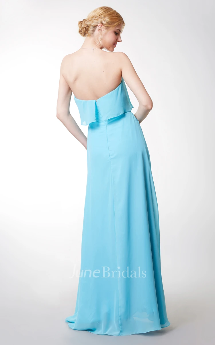 Charming Strapless Pleated Long Chiffon Dress With Front Slit
