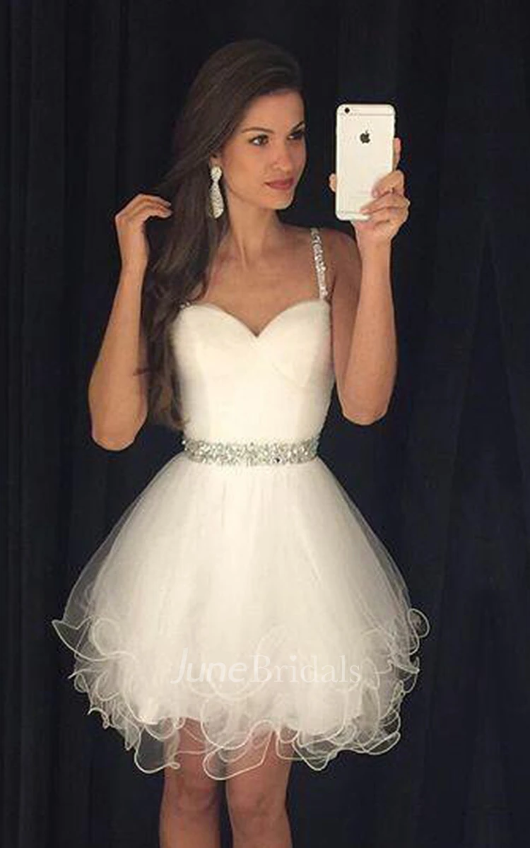 Elegant Short Mini Organza A-Line Wedding Dress Sexy Sweetheart Sparkly Spaghetti Strap Zipper Back Prom Party Gown with Beading