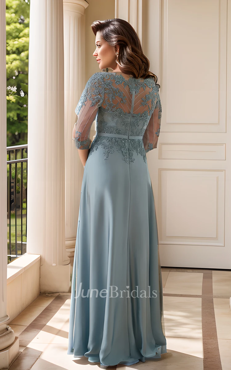 Elegant Mother of the Bride Satin A-Line Floor Length V-neck with Zipper Back Lace Appliques Prom Dress