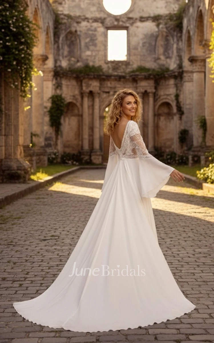 Flowy A-Line Boho Lace Beach Wedding Dress Vintage V-Neck Long Bell Sleeves Bridal Gown