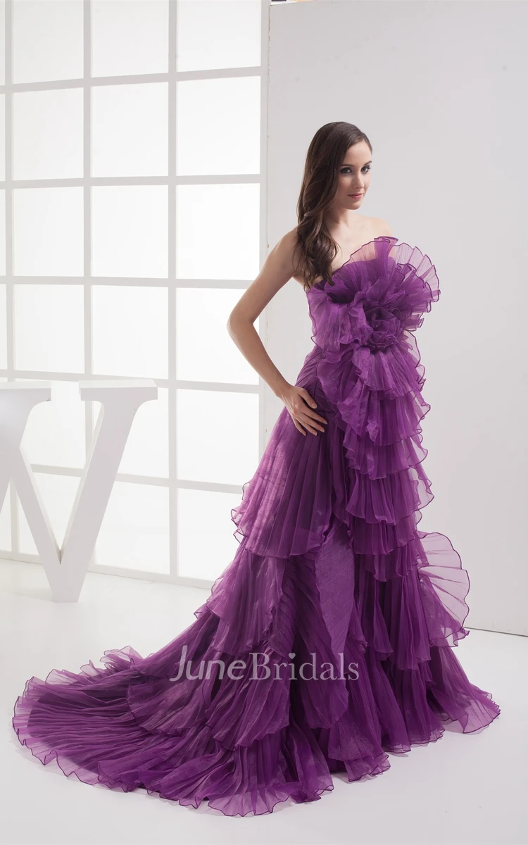 Floral Ruched A-Line Gown with Tiers and Brush Train