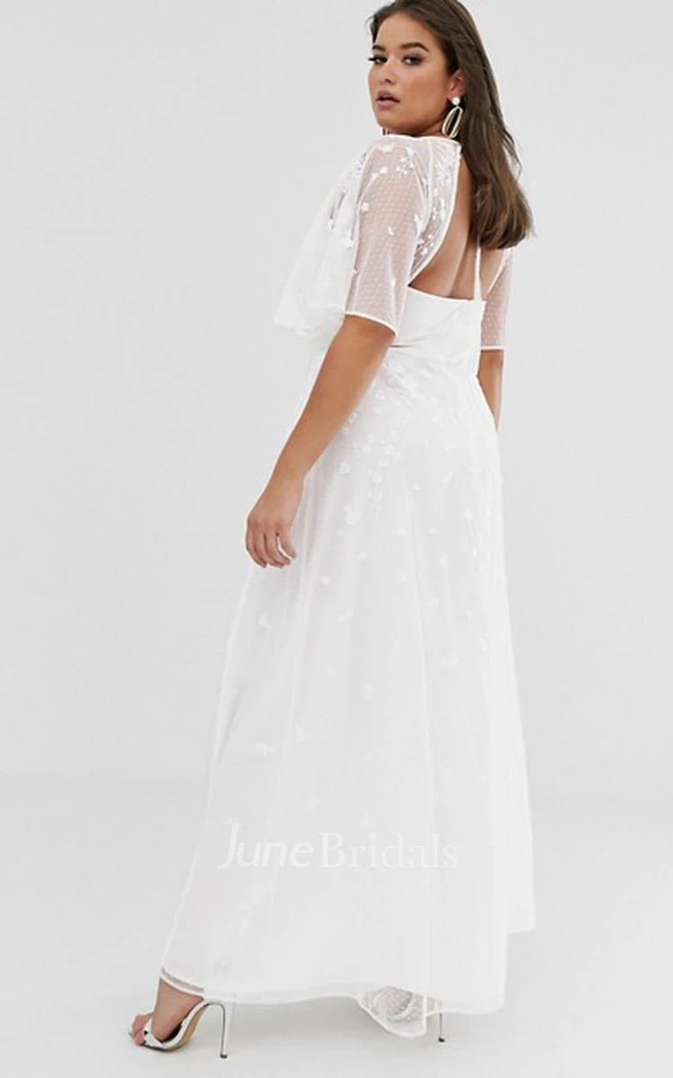 Simple Chiffon and Tulle Sheath Bat-sleeve Wedding Dress
