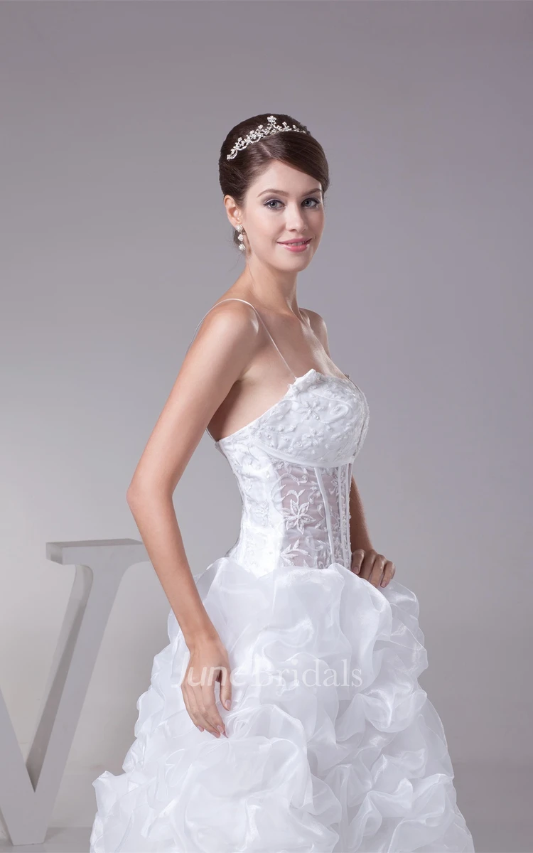 Plunged Ruffled Ball Gown with Appliques and Illusion Bodice