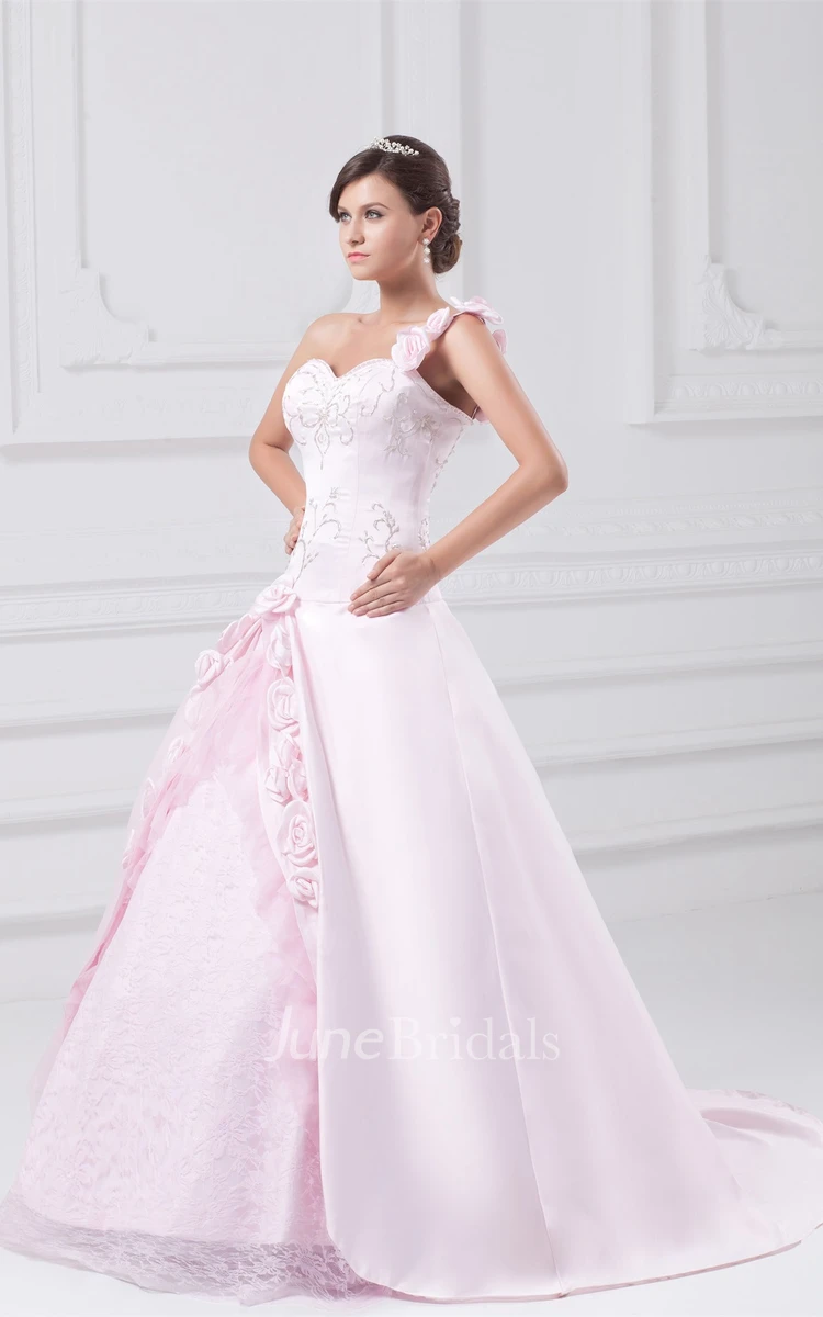 Single-Strap Sweetheart Embroidered Ball Gown with Flower