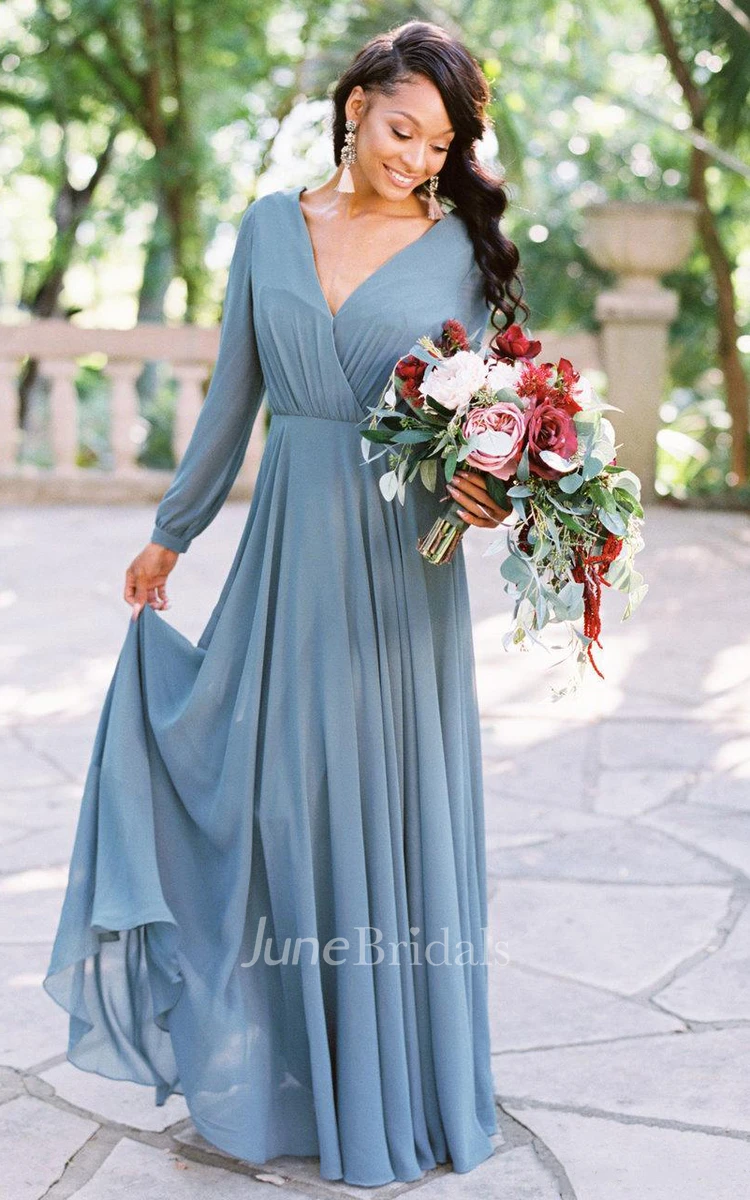 Elegant A Line Chiffon V-neck Long Sleeve Bridesmaid Dress with Pleats and Ruching