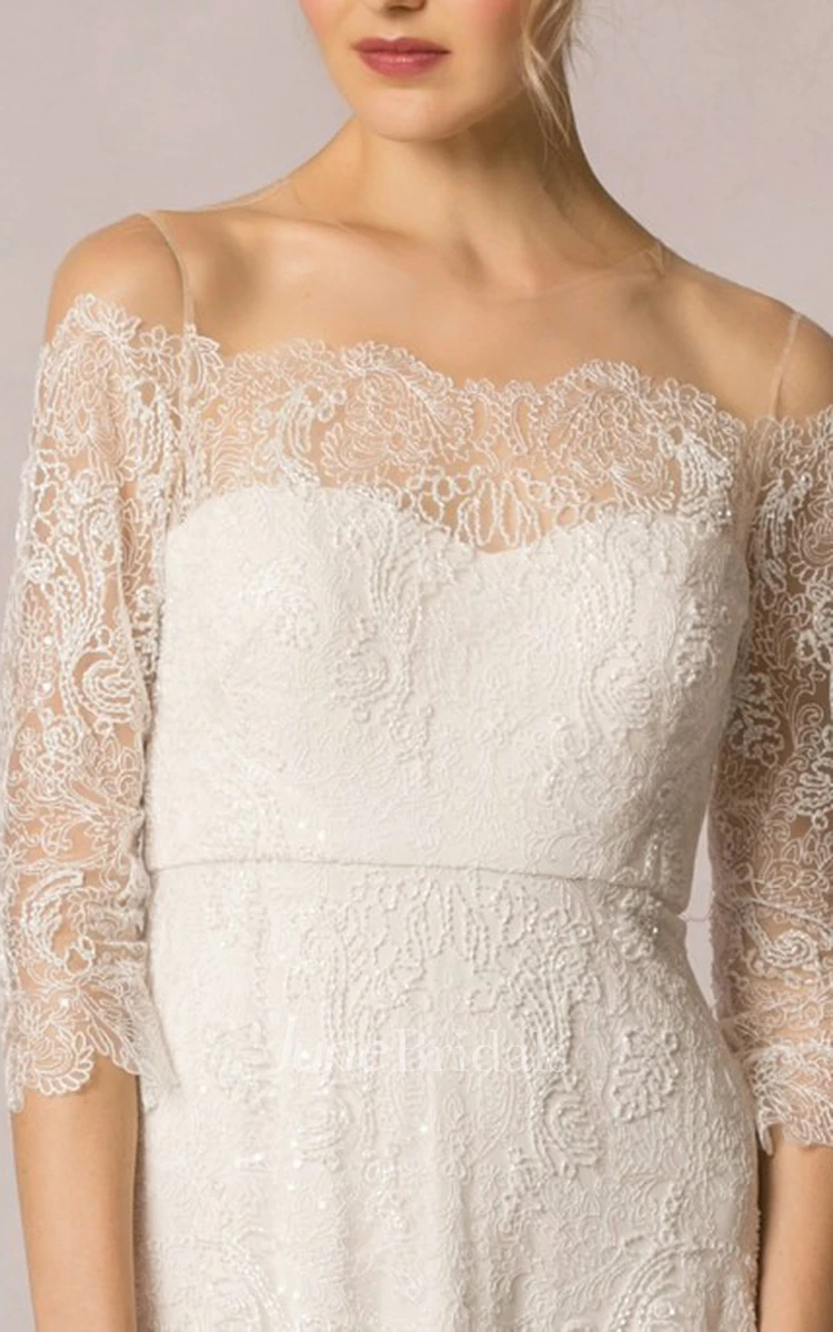 Sheath Off-The-Shoulder Floor-Length 3-4-Sleeve Lace Wedding Dress