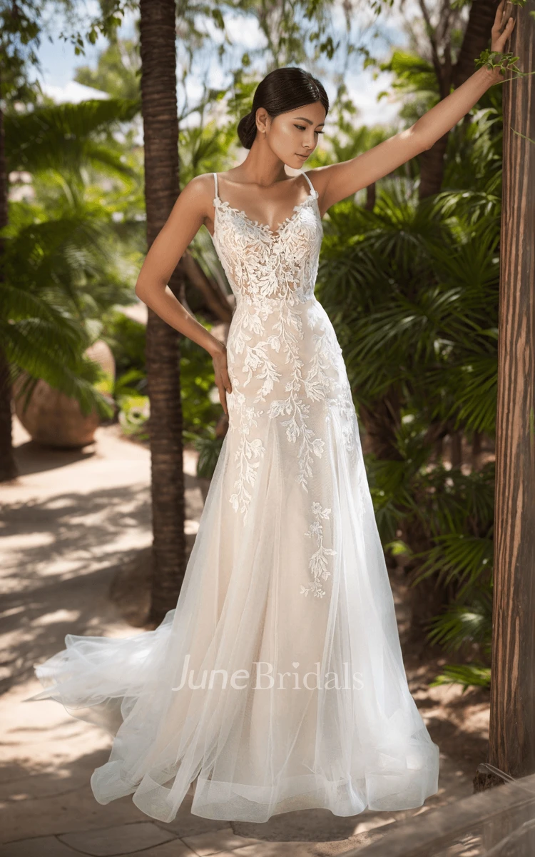 Boho Beach Mermaid Lace V-Neck Sleeveless Wedding Dress Ethereal Spaghetti Straps Backless Bridal Gown