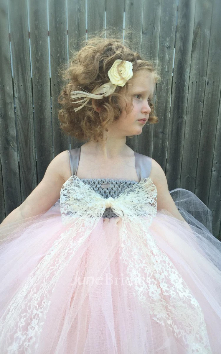 Strapped Pleated Tulle Ball Gown With Flower&Sash Ribbon