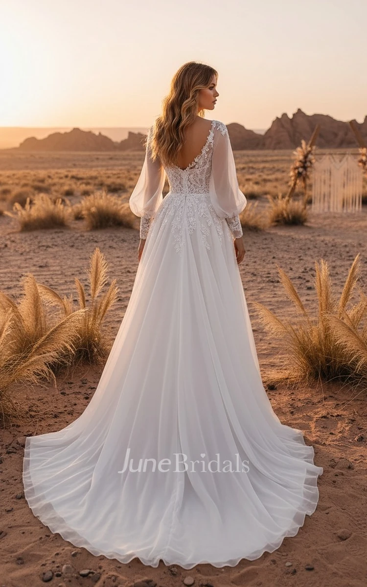 A-line Elegant Tulle Lace Winter Wedding Dress Illusion Long Sleeve Front Split Romantic Rustic Delicate Applique Beach Prom Dress