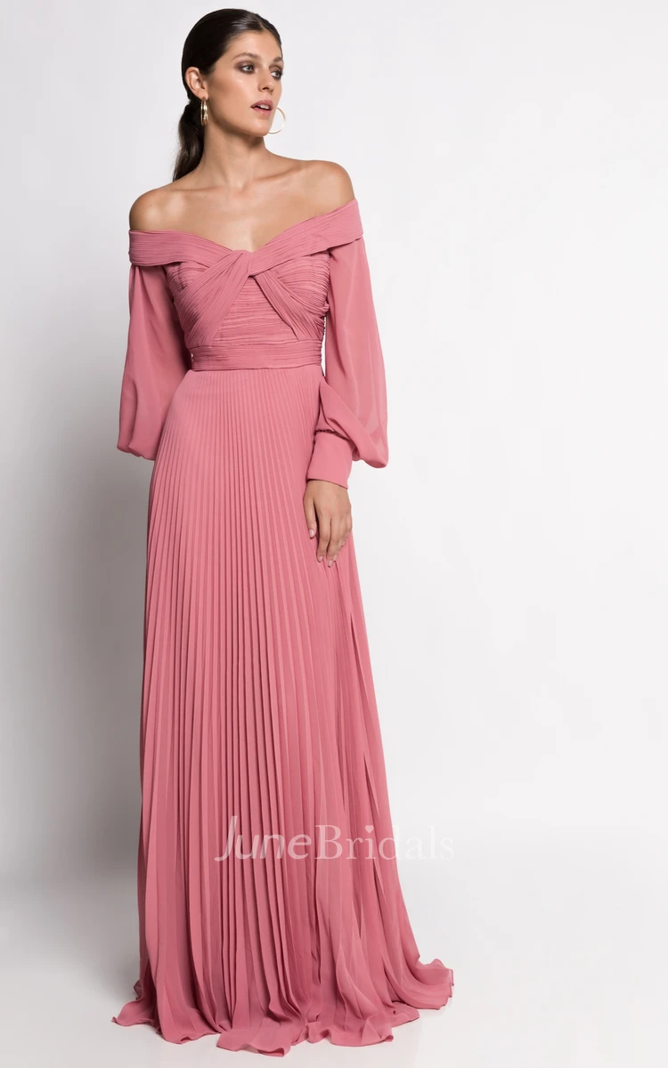A Line Sexy Chiffon Prom Dress with Pleats and Poet Sleeves