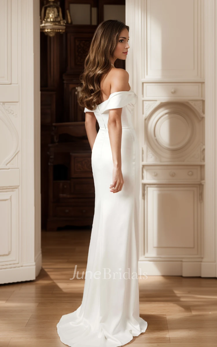 Modern Sexy Mermaid Off the Shoulder Maxi Floor Length Wedding Dress Romantic Simple Split Front Draping Bridal Gown