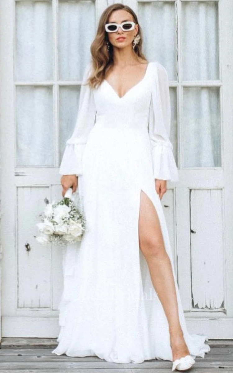Sexy Plunging Neckline A-Line Chiffon Wedding Dress With Split Front