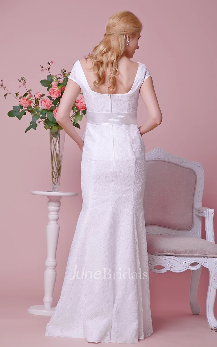 Allover Lace Cap-sleeved Sheath Maternity Wedding Dress With Squared Neck and Back