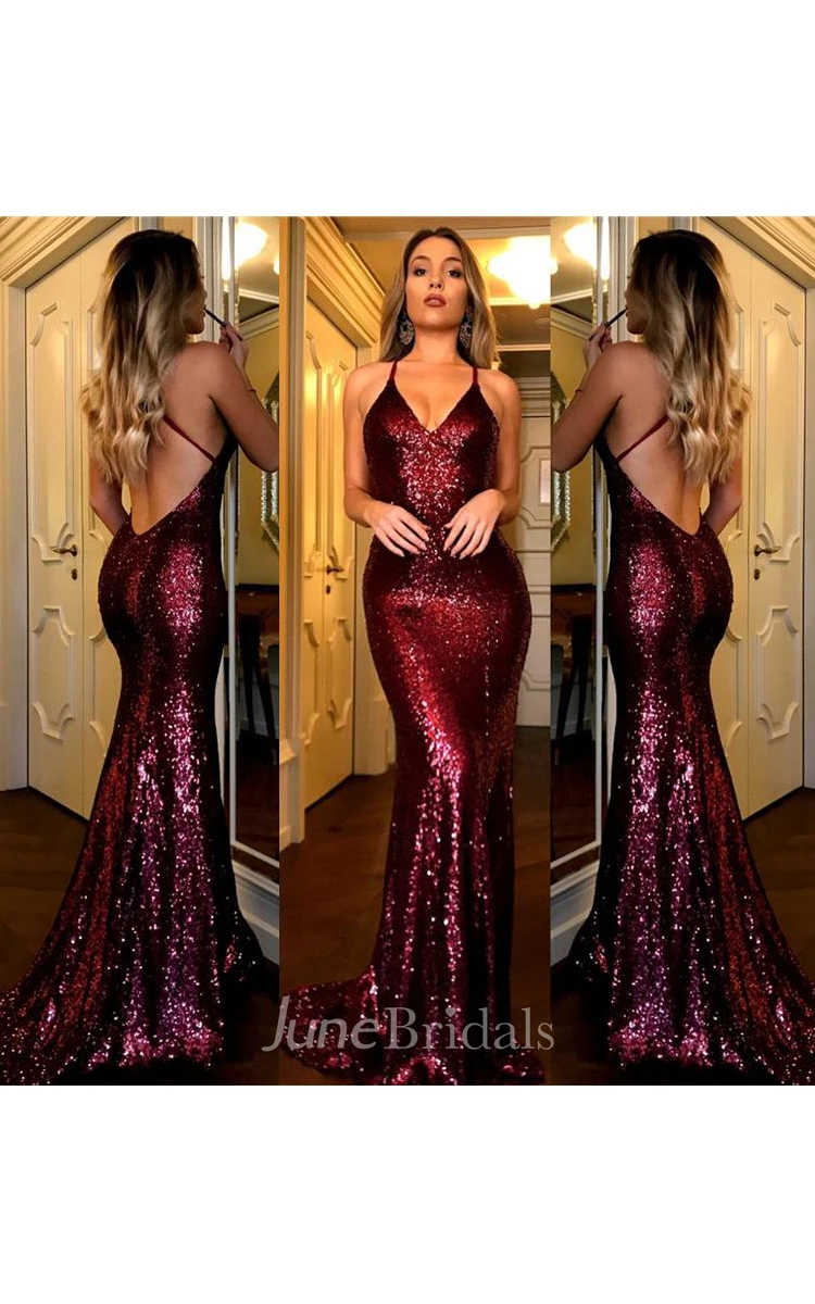 Sexy Backless Dark Red Sequin Mermaid Evening Prom Dress