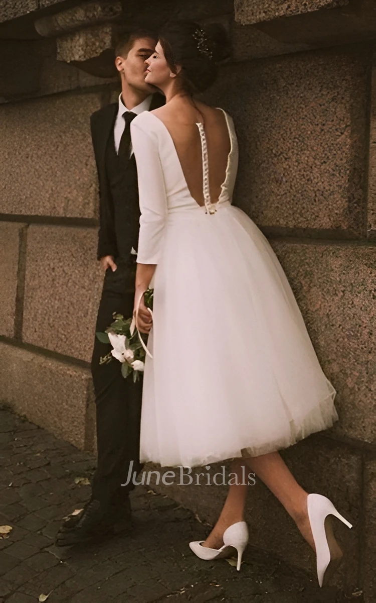 1950s Vintage Short Casual Wedding Dress Simple Long Sleeve A-line Tea-length Plunging Neckline Satin Bridal Gown