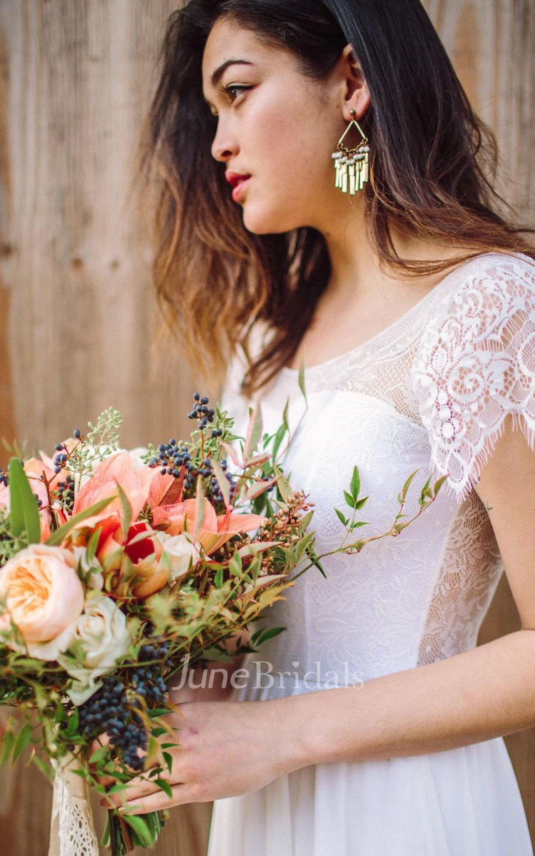 Scoop Neck Cap Sleeve A-Line Chiffon Wedding Dress With Lace Hem