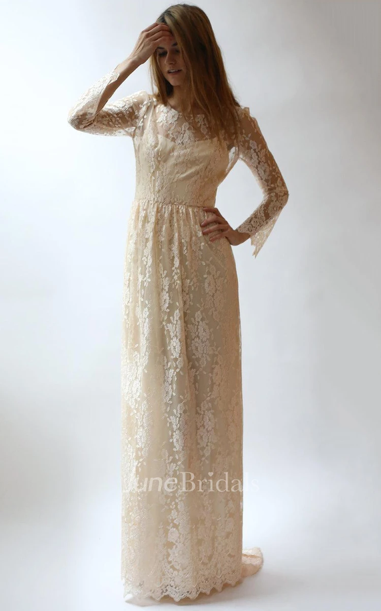 Long Sleeve 2 Piece Peach Lace And Wedding Dress
