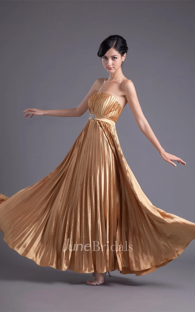 Strapless Pleated Ankle-Length Dress with Broach