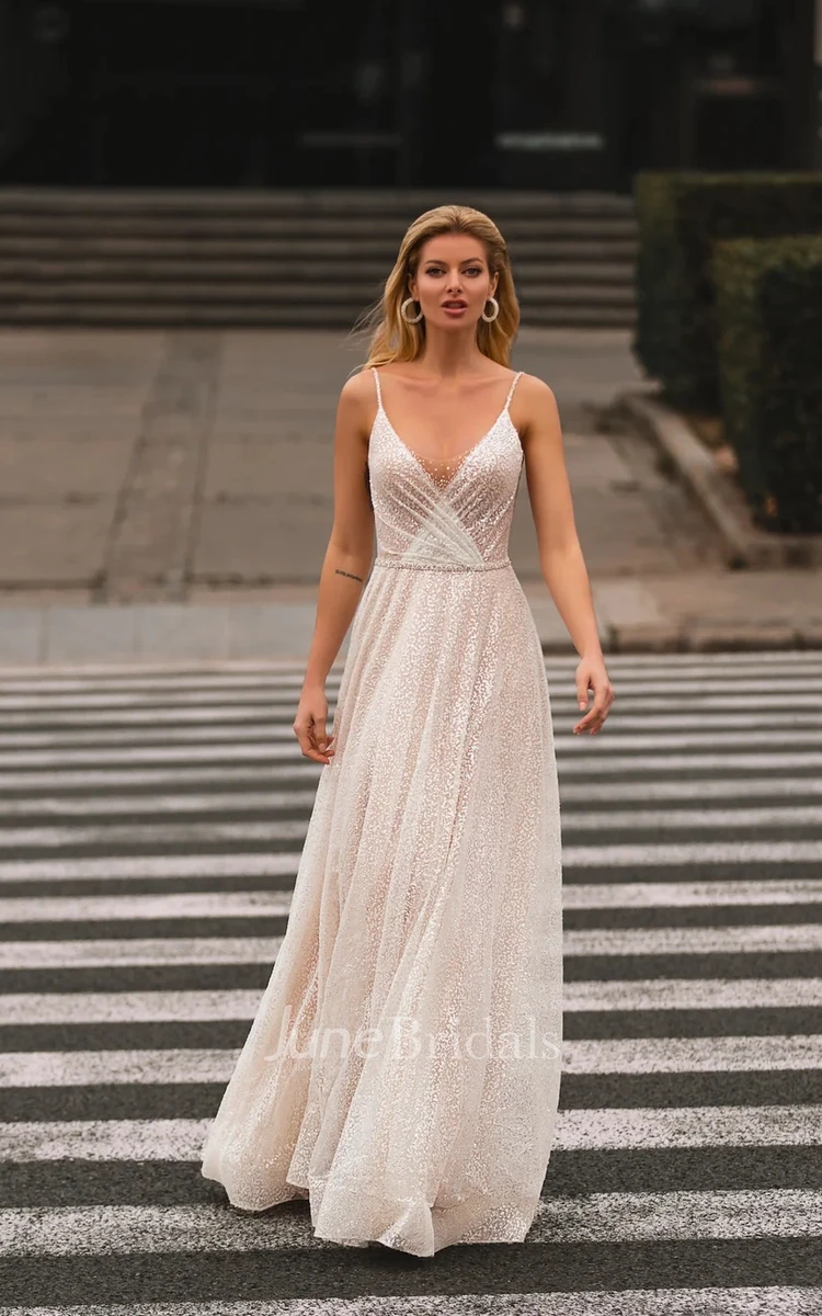 A-Line Elegant Spagetti V-Neck And V-Back Modern Sequin Tulle Long Dress