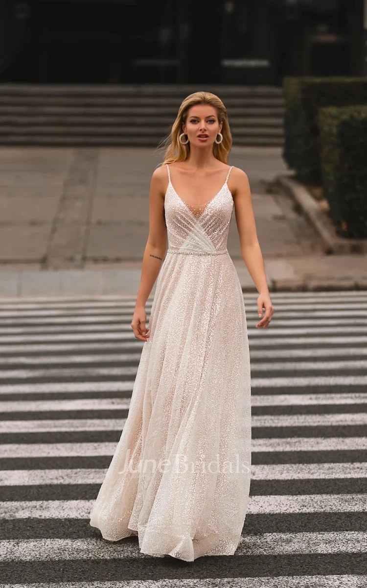 Sparkly Sequins A-Line Spaghetti Strap Beach Maxi Wedding Dress Sexy Elopement Low-V Back Floor Length Sweep Train Bridal Gown