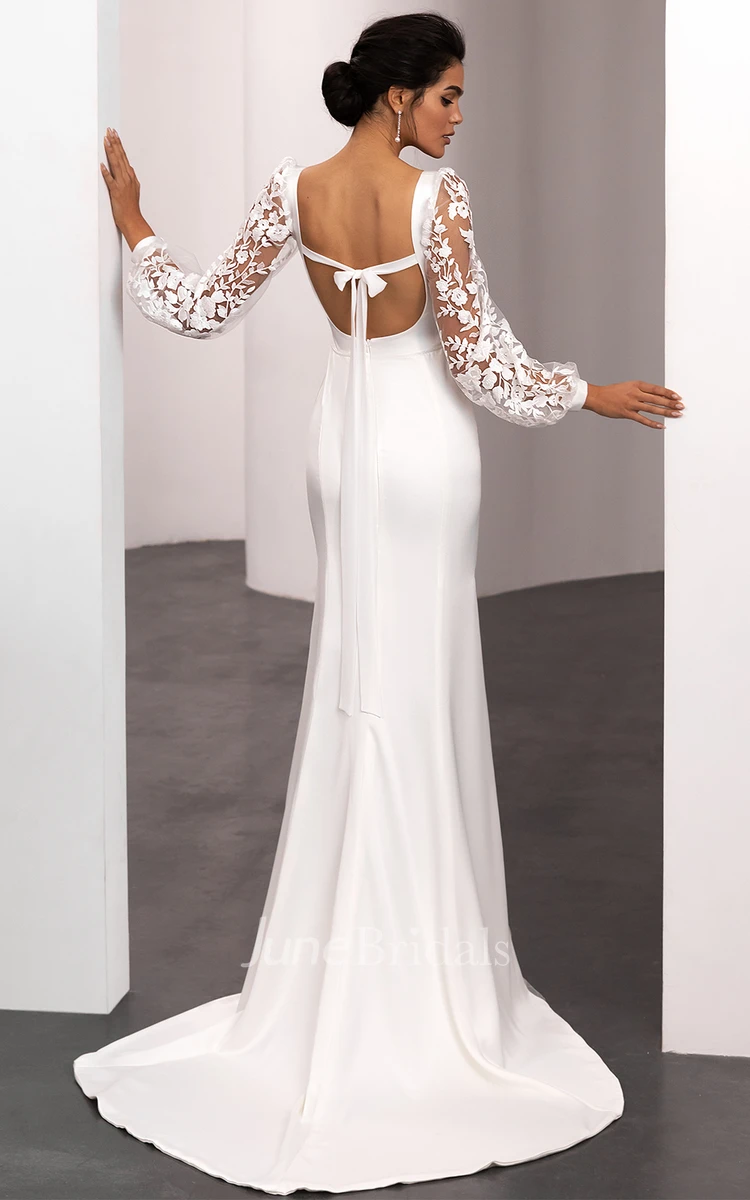 Modest Sheath Spaghetti Square Neckline Satin Wedding Dress with Long Sleeve