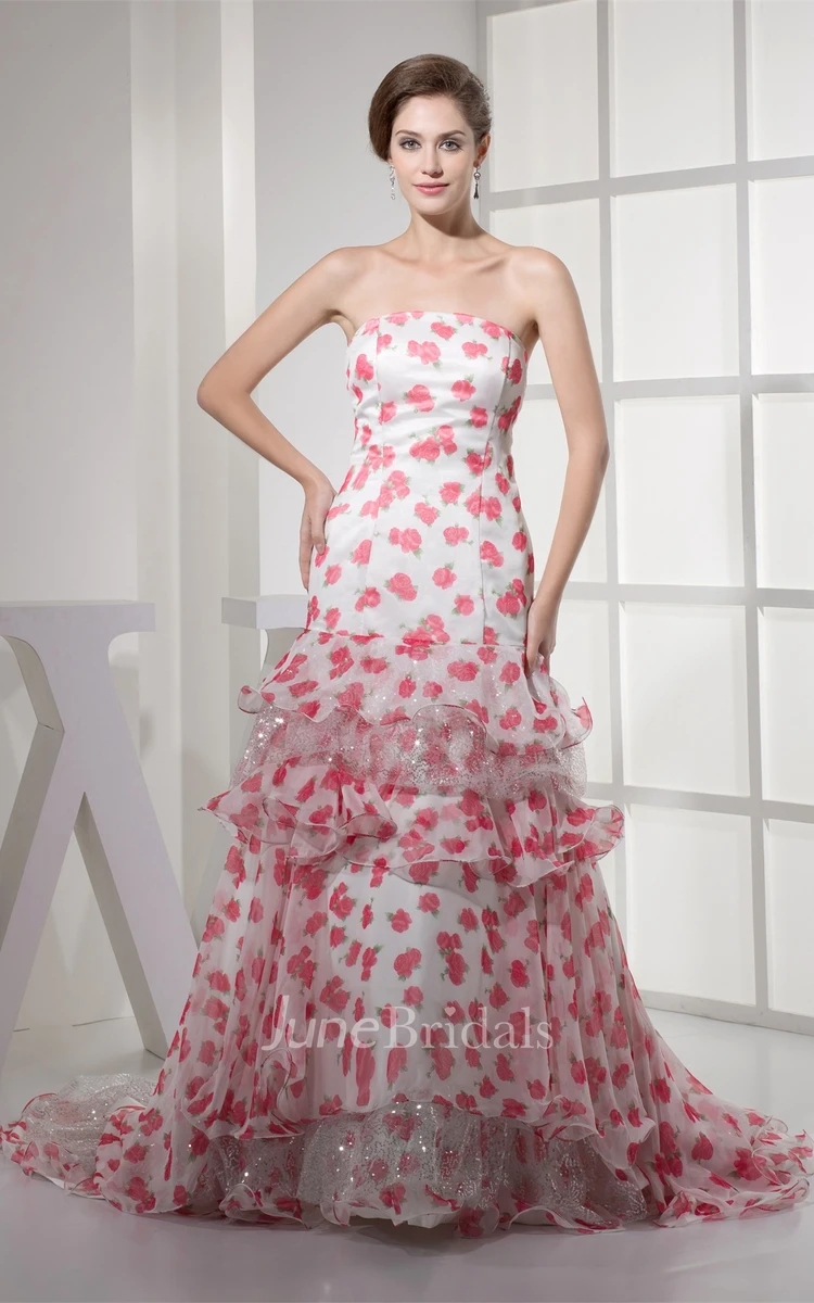 Floral Strapless A-Line Gown with Sequins and Peplum