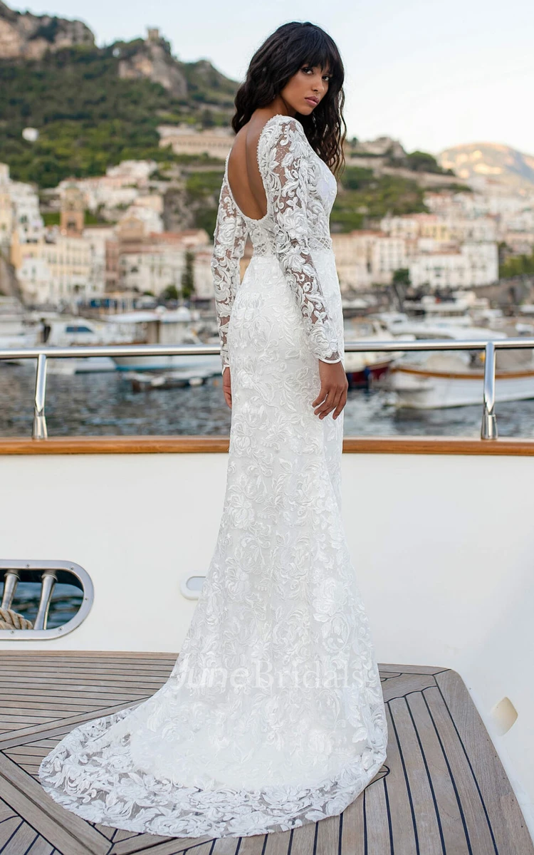 Sexy Mermaid Lace Bateau Wedding Dress With Illusion Long Sleeve And Open Back