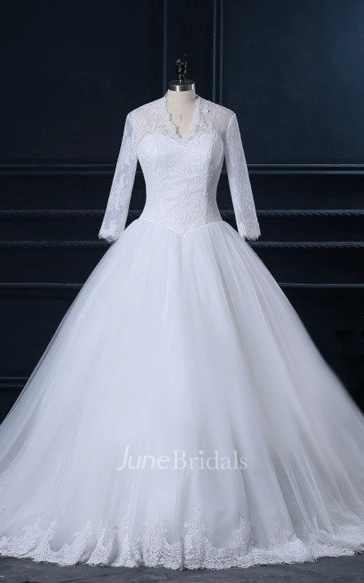 V-Neck Long Sleeve Cathedral Train Tulle Lace Satin Dress