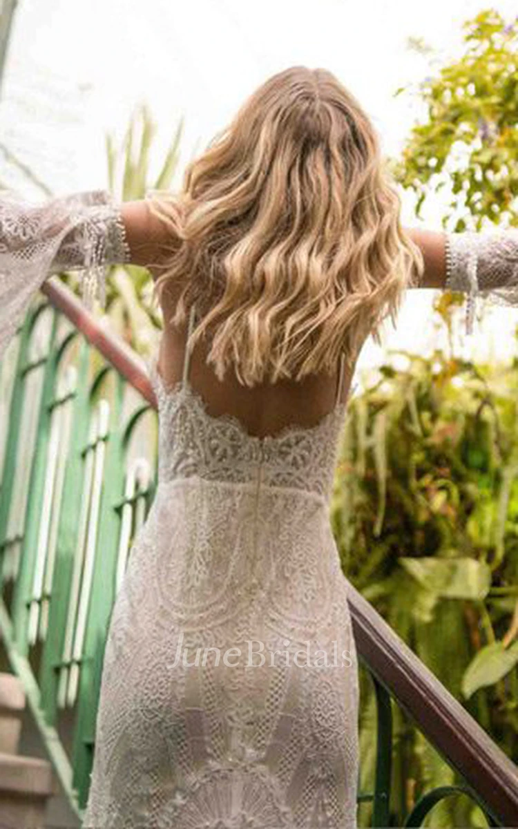 Simple Lace Floor-length Mermaid Wedding Dress With Long Sleeve And Open Back